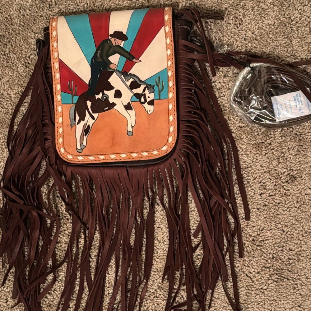 Fringed Western Crossbody Bag in Brown with Rodeo Artwork